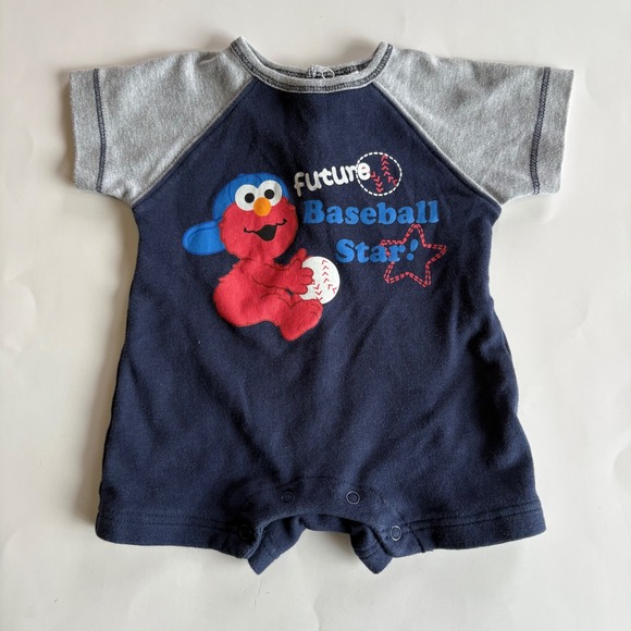 Sesame Street Other - Sesame Street Baby Elmo Romper Navy Gray Future Baseball Star 0-3M VTG Y2K 2008